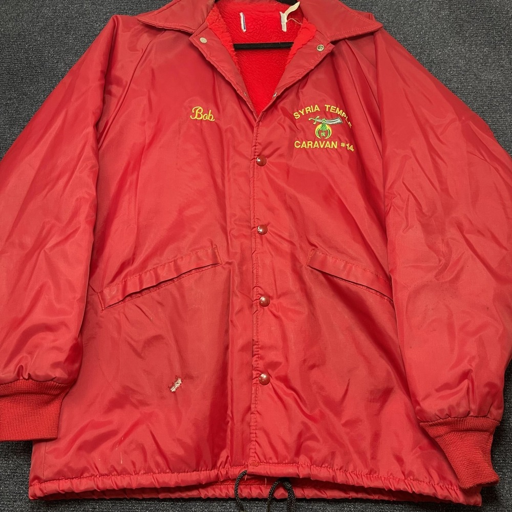 Vintage Syria Temple Caravan Jacket Mens Large Red Nylon Snap Lined USA Shriners